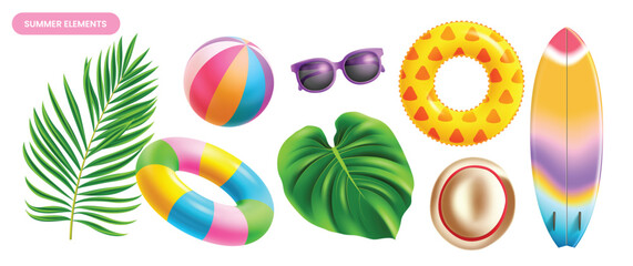 Summer beach element set with palm leaves, beach ball, sunglasses, inflatable rings, sun hat, and surfboard. Vibrant 3D tropical vacation object collection. Vector illustration. © Grafiqwrk 2.0