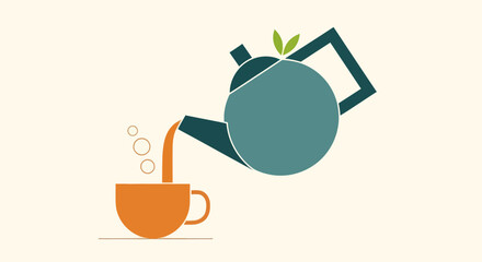 Teapot pouring beverage into cup illustration