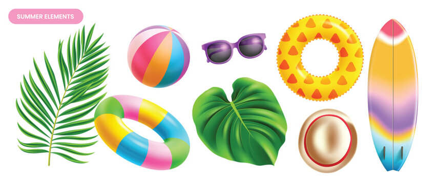 Summer beach element set with palm leaves, beach ball, sunglasses, inflatable rings, sun hat, and surfboard. Vibrant 3D tropical vacation object collection. Vector illustration.