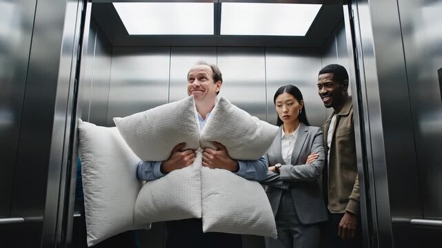 In a busy city elevator, an odd man wrapped in a giant comforter creates a humorous atmosphere as surprised commuters react with laughter and curiosity.