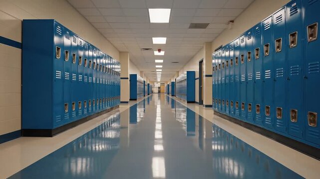 Empty school hallway with bright blue lockers lining both walls and a yellow cleaning cart in the foreground