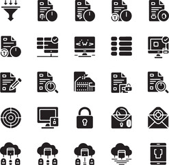 black and white icons of business security and technology concepts