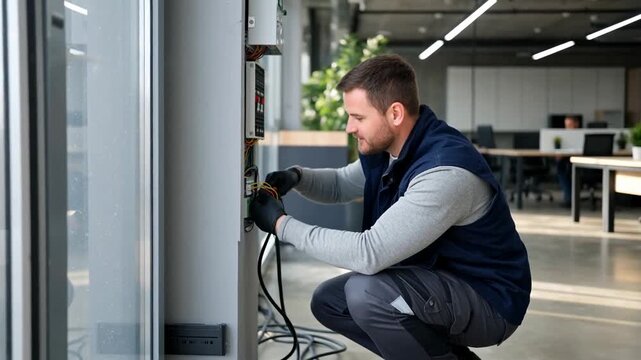 A focused young technician adjusting electrical wiring in a modern office environment, showcasing a blend of technology and professionalism