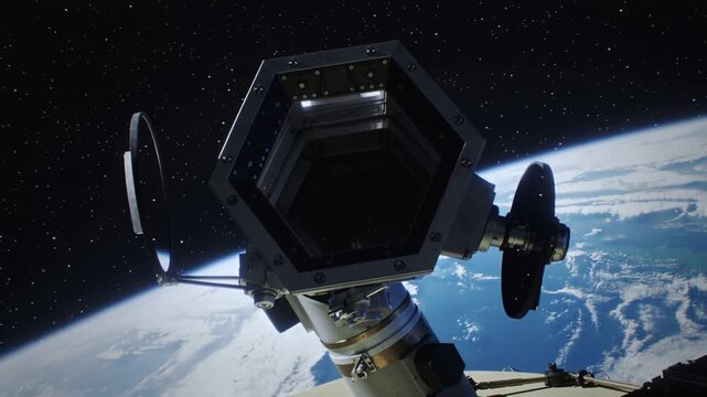Receiving command, module rotating disk and opening hex aperture with mirror over Earth for imaging