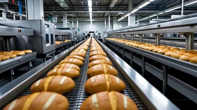 Baked bread loaves moving on conveyor belt in a large industrial bakery during modern automated food production