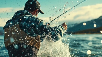 Naklejka premium Man fly fishing splashing water, autumnal lake background