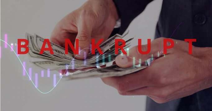 On red BANKRUPT overlay appearing hands fanning flipping counting USD bills showing financial loss