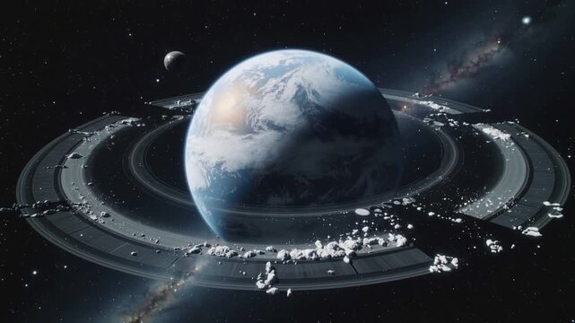Panning camera showing Earthlike planet rotating in orbit to reveal engineered ring debris and moon