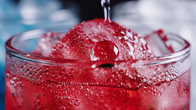 Red liquid vigorously splashes in a transparent glass