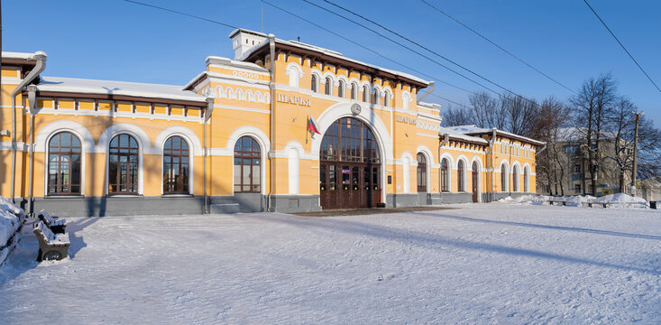 SHARYA, RUSSIA - JANUARY 06, 2026: Panorama of the ancient railway station building on Sharya station on a sunny January day