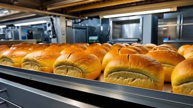 Freshly baked bread loaves moving on an automatic conveyor belt for industrial bakery production and food manufacturing.