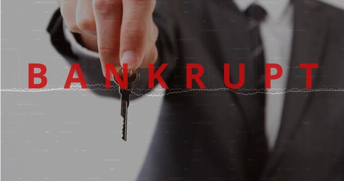 Suit-clad hand entering from left and extending key, red BANKRUPT overlay signaling financial loss