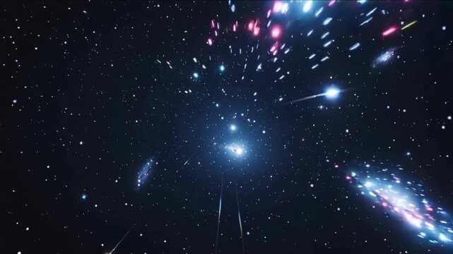 Zooming camera inward over central blue galaxy in deep space on viewpoint shift, showing pink knots