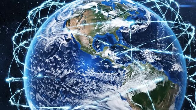 Glowing digital network lines encircle Earth, symbolizing global connection.