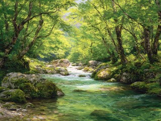 Obraz premium Lush landscape painting of a stream flowing through a sun-dappled forest