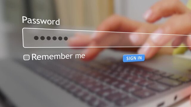 User types a password in a form box on a website using a computer. The sign in process is shown with the submit button visible.