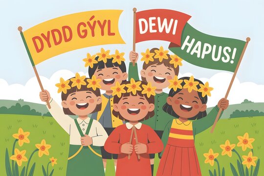 Children celebrating national day with colorful flags and flowers