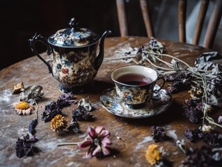 Whimsigothic tea set with dark florals and mystical porcelain on antique table with dried flowers