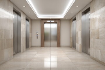 Fototapeta premium Contemporary building lobby features three metallic transport cabins surrounded by light toned stone and wood accents