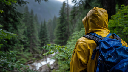 Faceless person wearing yellow rain coat with blue backpack, outdoor weather adventure scene, hiking gear visible, nature exploration photography, with copy space