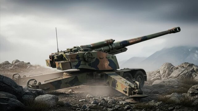 Camouflaged artillery gun deployed in rocky, mountainous terrain, military technology