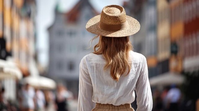 Rear view of a stylish woman walking through Copenhagen city street, Denmark