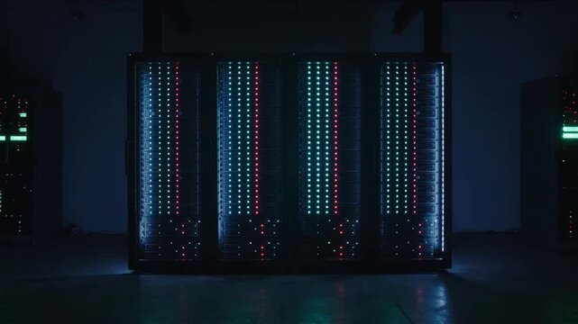 Powering server cabinet LEDs pulsing on four vertical arrays in dim room, red lights