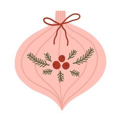 Christmas tree toy illustration. Pink Christmas tree ball ornament with branches, ideal for festive decorations and holiday themed designs. Vector hand drawn illustration.