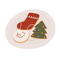 Christmas cookies and treats. Festive Christmas cookies on plate with stocking and tree shaped sweets for holiday baking illustrations. Vector hand drawn illustration.