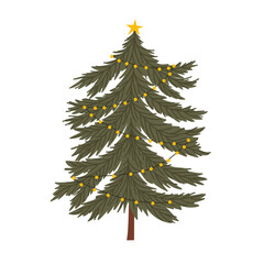 Christmas tree with garland lights. Festive Christmas tree decorated with garland lights, perfect for modern holiday designs. Vector hand drawn illustration.