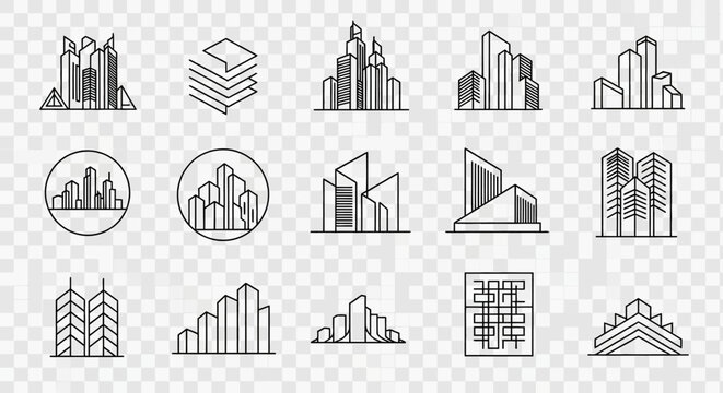 Collection of minimalist line art city and building icons, featuring various architectural designs and urban landscapes.