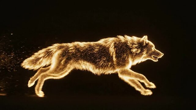 Dynamic glowing fire wolf silhouette in motion fiery golden sparks flying dramatic mythical animal spirit effect dark background magical fantasy creature running wild cinematic light painting