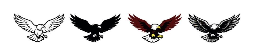 Obraz premium Four stylized eagles in flight: white, black, brown, and gray variants on gradated background