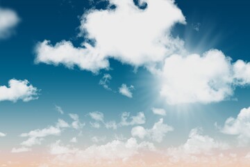 Large cumulus cloud is floating and casting sun rays over flat design sky with pastel horizon