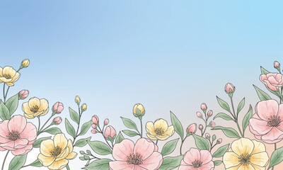 Floral Border with Pink and Yellow Flowers on Gradient Sky