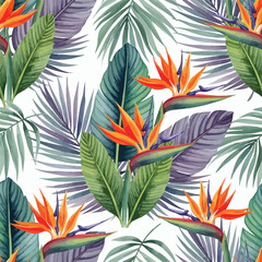 Tropical Bird of Paradise Flowers and Palm Leaves Watercolor Pattern
