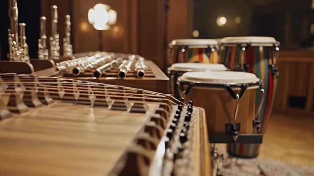 Close Up of Strings on Dulcimer with Flutes and Drum Set in Studio Setting Warm Light and Wooden Background Musical