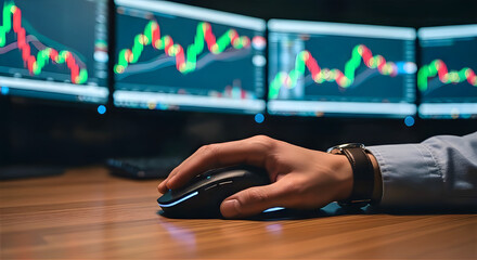Financial Analysis: A focused hand navigates a computer mouse with precision as dynamic financial graphs cascade across multiple monitors, representing the pulse of market activity.