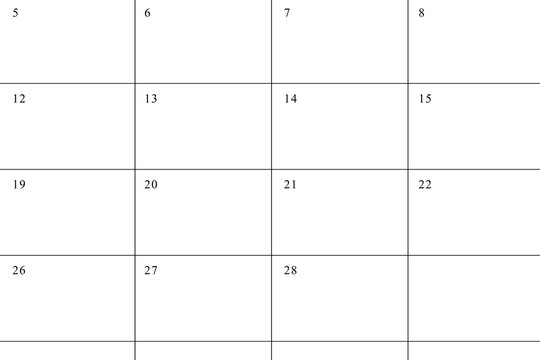 Flat design calendar grid is showing numbered rectangular cells outlined by thin lines