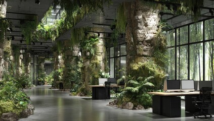 Fototapeta premium Interior scene of a modern office space, nature-inspired, with integrated greenery