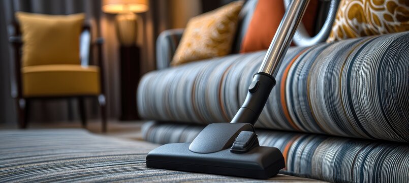 A close-up view of a vacuum cleaner cleaning a striped carpet in front of a sofa