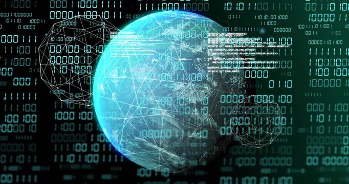 Left glow sparking globe rotating clockwise, binary streaming, code appearing, visualizing networks