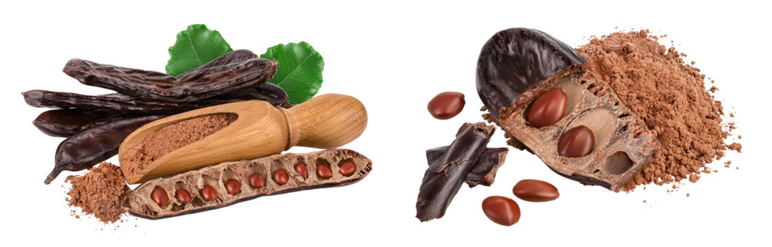 Carob pod and powder in wooden scoop isolated on white background with full depth of field.