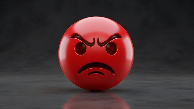 A glossy red emoji with an angry expression against a dark textured background