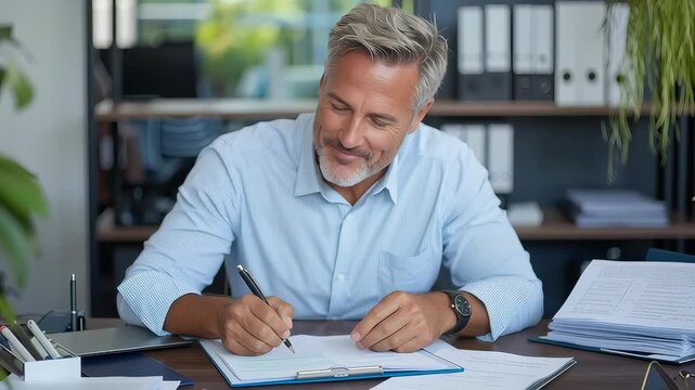Middle aged man with grey hair modern office workplace, professional adult male worker and employee desk doing paperwork, writing business documents with confident focus management, planning