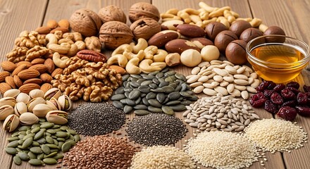 Naklejka premium Diverse Selection of Wholesome Nuts, Seeds, and Dried Fruits, Packed with Essential Nutrients