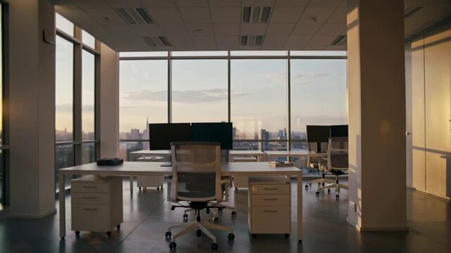 Pushing camera recording open-plan high-rise office, sun shifting shadows across desks showing time
