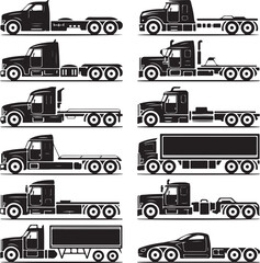 Black silhouettes of various trucks on white background