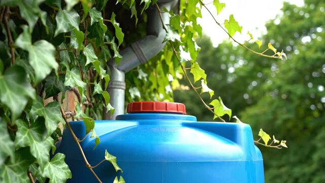 Blue plastic rainwater harvesting tank partially covered by green ivy leaves next to a downspout