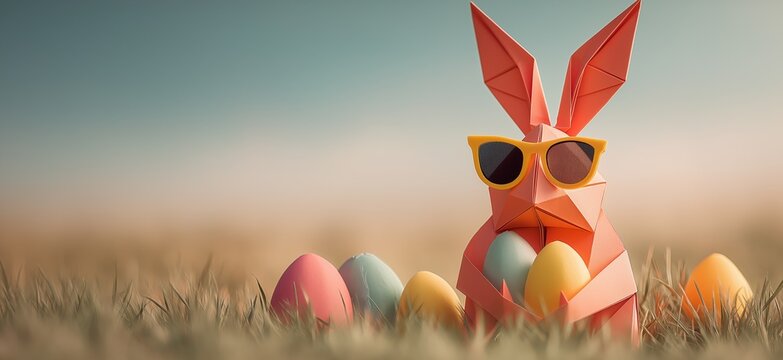 Colorful geometric bunny wearing sunglasses holding easter eggs. Colorful geometric bunny wearing sunglasses and holding Easter eggs in a minimalist meadow scene
